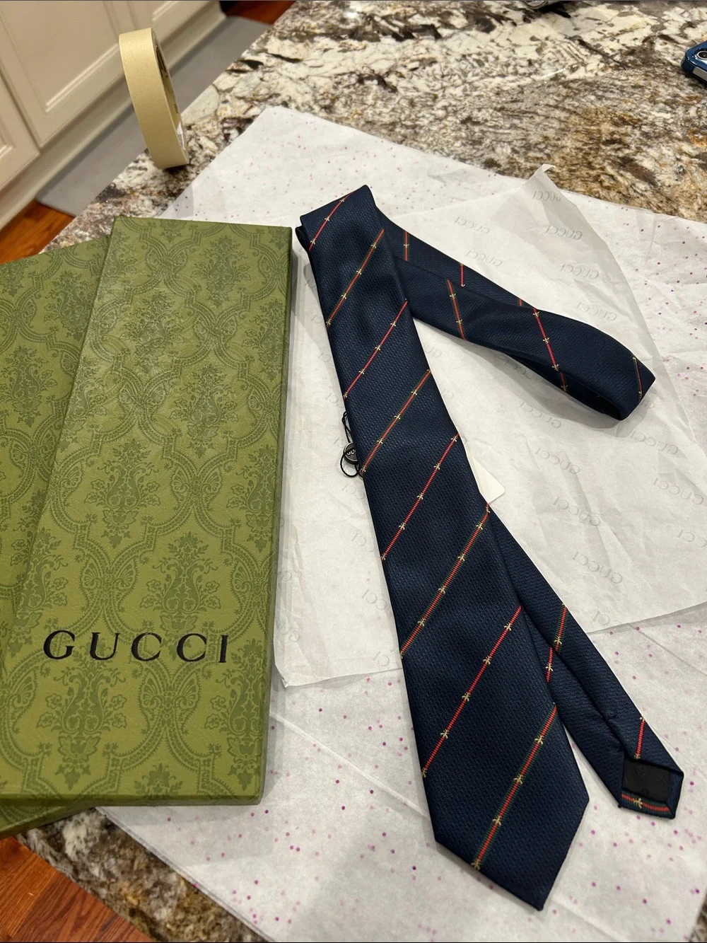 Gucci Navy Silk Tie with Red and Green Diagonal Stripes